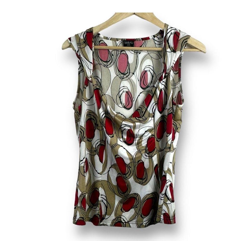 Tribal Women's M Drape Cowl Neck Sleeveless Top Abstract Red Gold‎ Circle Print